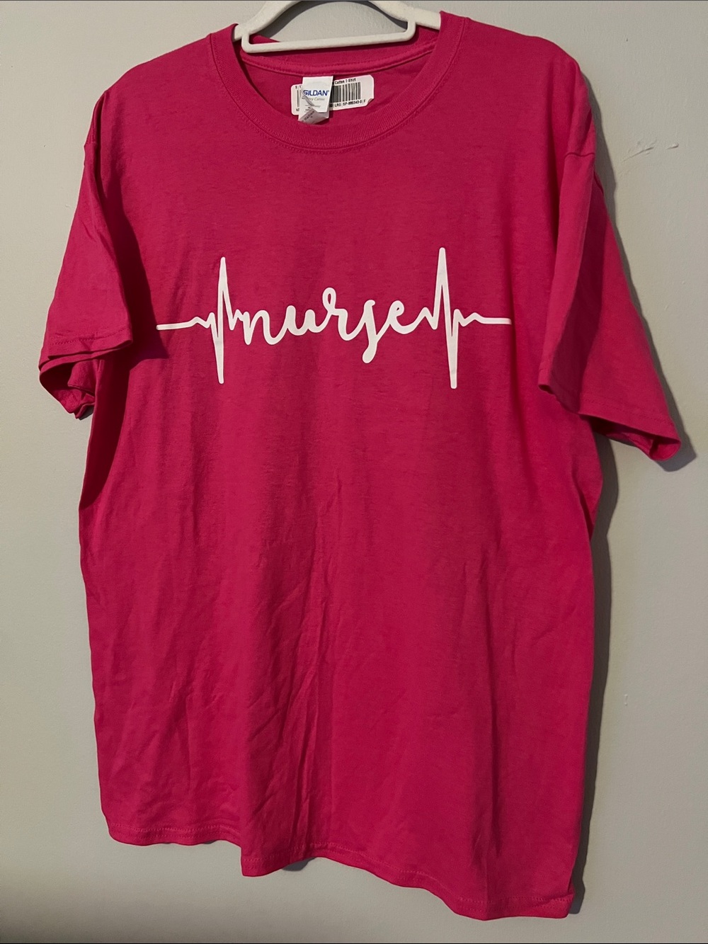 New with Tag Gildan Size L Heliconia Pink Nurse Graphic Tee Heartbeat Script